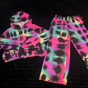 Justice Neon Tie-Dye Hooded Sweatshirt & Joggers - Pink, Black, Teal, Yellow